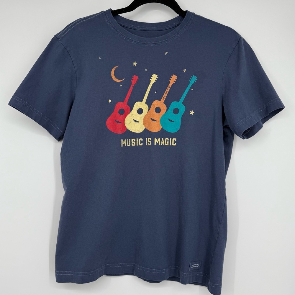 Life is Good Men's Blue Crusher Tee Short Sleeve Shirt Music is Magic Guitars